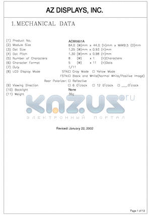 ACM0801A datasheet - MECHANICAL DATA