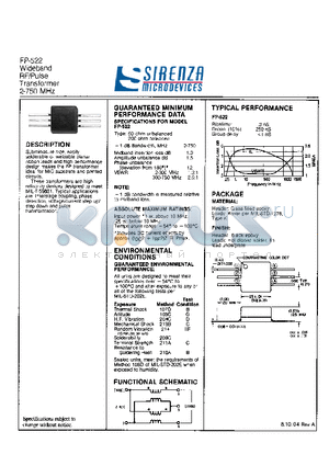 FP-522 datasheet - Wideband RF/Pulse Transformer 2-750 MHz