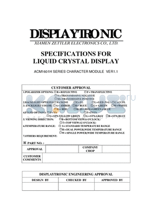 ACM1601H datasheet - SPECIFICATIONS FOR LIQUID CRYSTAL DISPLAY