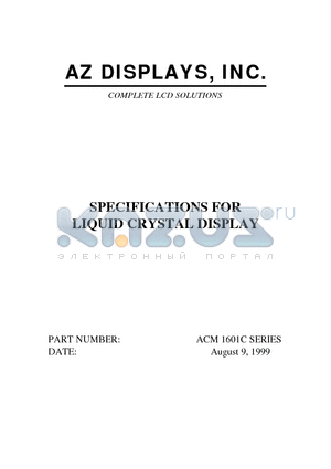 ACM1601C datasheet - SPECIFICATIONS FOR LIQUID CRYSTAL DISPLAY