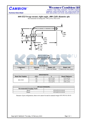 460-1523 datasheet - Swage mount, right angle, .080 (2,03) diameter pin