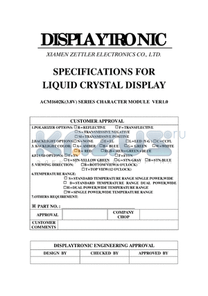ACM1602K datasheet - SPECIFICATIONS FOR LIQUID CRYSTAL DISPLAY