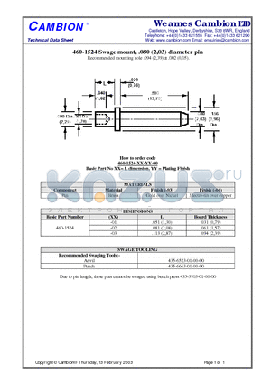 460-1524 datasheet - Swage mount, .080 (2,03) diameter pin