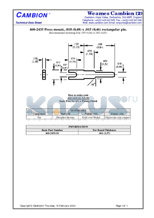 460-2435 datasheet - Press mount, .018 (0,48) x .015 (0,46) rectangular pin
