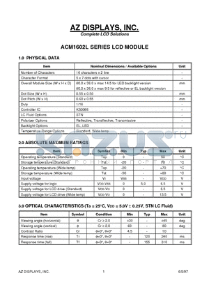 ACM1602L datasheet - ACM1602L SERIES LCD MODULE