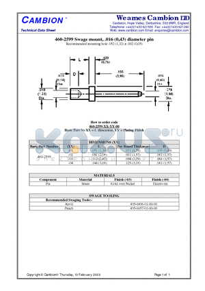 460-2599 datasheet - Swage mount, .016 (0,43) diameter pin