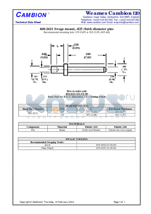 460-2621 datasheet - Swage mount, .025 (0,64) diameter pins