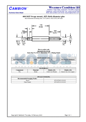 460-2625 datasheet - Swage mount, .025 (0,64) diameter pins