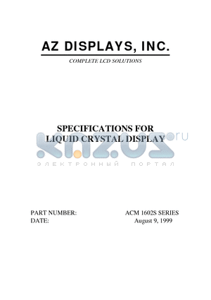 ACM1602S datasheet - SPECIFICATIONS FOR LIQUID CRYSTAL DISPLAY