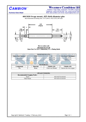 460-2626 datasheet - Swage mount, .025 (0,64) diameter pins