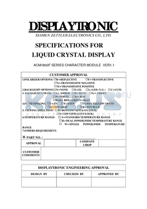 ACM1602F datasheet - SPECIFICATIONS FOR LIQUID CRYSTAL DISPLAY