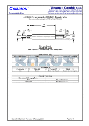 460-2628 datasheet - Swage mount, .040 (1,02) diameter pins