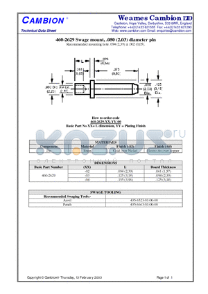 460-2629 datasheet - Swage mount, .080 (2,03) diameter pin