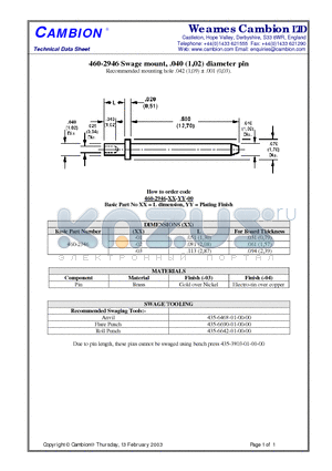 460-2946 datasheet - Swage mount, .040 (1,02) diameter pin