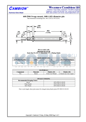 460-2946 datasheet - Swage mount, .040 (1,02) diameter pin