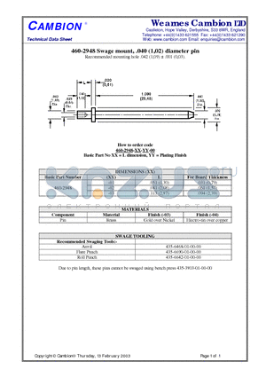 460-2948 datasheet - Swage mount, .040 (1,02) diameter pin