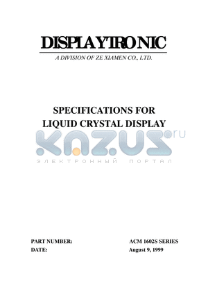 ACM1602S datasheet - SPECIFICATIONS FOR LIQUID CRYSTAL DISPLAY