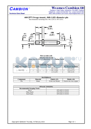 460-2971 datasheet - Swage mount, .040 (1,02) diameter pin