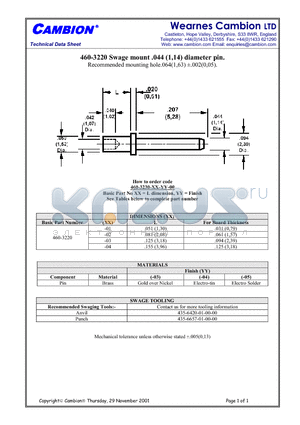 460-3220 datasheet - Swage mount .044 (1,14) diameter pin