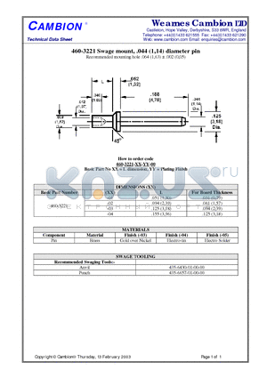 460-3221 datasheet - Swage mount, .044 (1,14) diameter pin