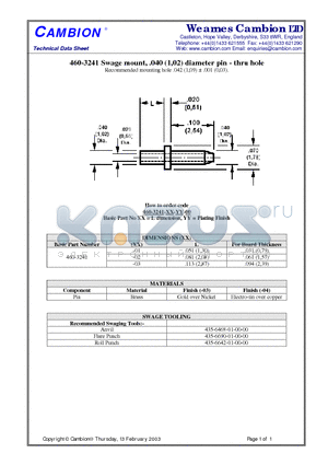 460-3241 datasheet - Swage mount, .040 (1,02) diameter pin - thru hole