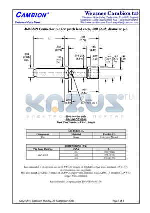 460-3369 datasheet - Connector pin for patch lead ends, .080 (2,03) diameter pin