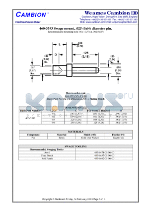 460-3393 datasheet - Swage mount, .025 (0,64) diameter pin