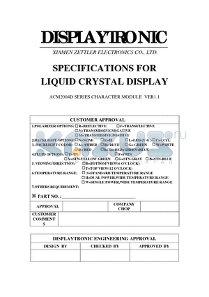 ACM2004D datasheet - SPECIFICATIONS FOR LIQUID CRYSTAL DISPLAY