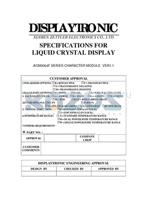 ACM2004F datasheet - SPECIFICATIONS FOR LIQUID CRYSTAL DISPLAY