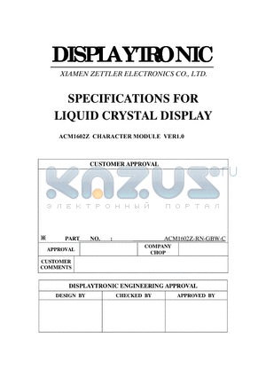 ACM1602Z-RN-GBW-C datasheet - SPECIFICATIONS FOR LIQUID CRYSTAL DISPLAY