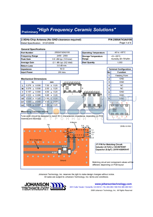 2500AT43A0100 datasheet - 2.5GHz Chip Antenna (No GND clearance required)