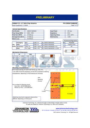 2500AT44M0400 datasheet - WiMAX 2.3 - 2.7 GHz Chip Antenna