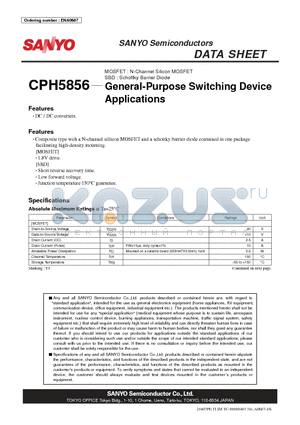 CPH5856 datasheet - MOSFET : N-Channel Silicon MOSFET SBD : Schottky Barrier Diode General-Purpose Switching Device