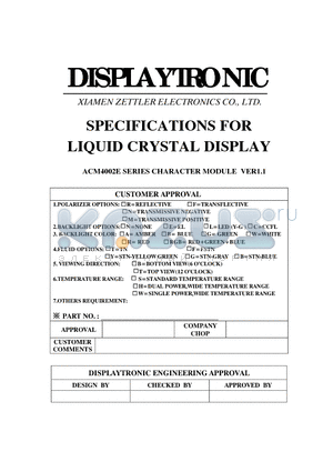 ACM4002E datasheet - SPECIFICATIONS FOR LIQUID CRYSTAL DISPLAY