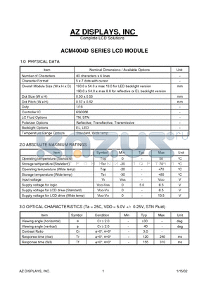 ACM4004D datasheet - ACM4004D SERIES LCD MODULE
