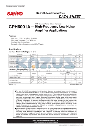 CPH6001A datasheet - NPN Epitaxial Planar Silicon Transistor High-Frequency Low-Noise Amplifier Applications