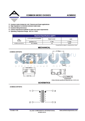 ACM8052 datasheet - COMMON MODE CHOKES Common mode choke for power application