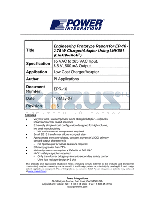 EPR-16 datasheet - Engineering Prototype Report for EP-16   2.75 W Charger/Adapter Using LNK501