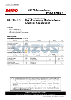 CPH6002 datasheet - NPN Epitaxial Planar Silicon Transistor High-Frequency Medium-Power Amplifier Applications