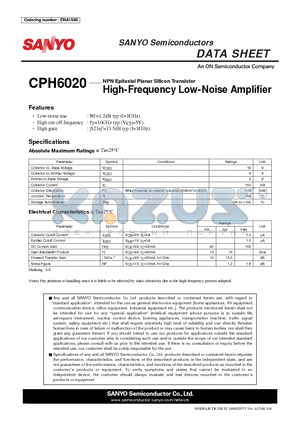 CPH6020 datasheet - NPN Epitaxial Planar Silicon Transistor High-Frequency Low-Noise Amplifi er