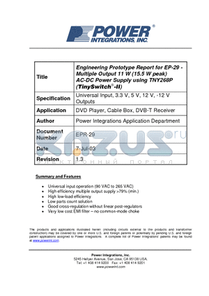 EPR-29 datasheet - Engineering Prototype Report for EP-29 - Multiple Output 11 W (15.5 W peak) AC-DC Power Supply using TNY268P