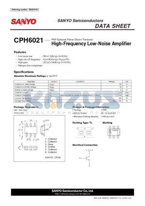 CPH6021 datasheet - PNP Epitaxial Planar Silicon Transistor High-Frequency Low-Noise Amplifi er