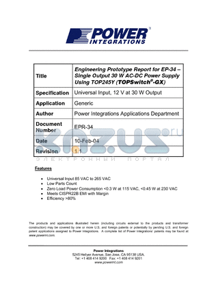 EPR-34 datasheet - Engineering Prototype Report for EP 34 - Single Output 30 W AC-DC Power Supply