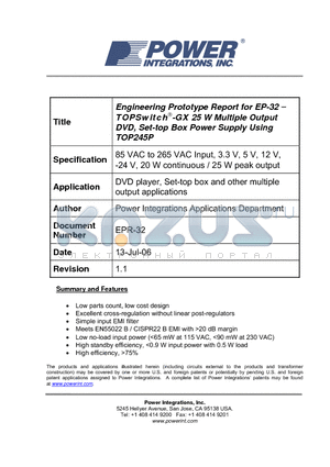 EPR-32 datasheet - Engineering Prototype Report for EP-32 − TOPSwitch-GX 25 W Multiple Output DVD, Set-top Box Power Supply Using TOP245P