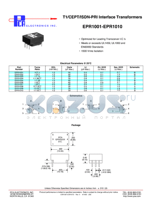 EPR1005 datasheet - T1/CEPT/ISDN-PRI Interface Transformers