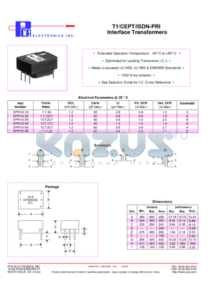 EPR1011E datasheet - T1/CEPT/ISDN-PRI Interface Transformers
