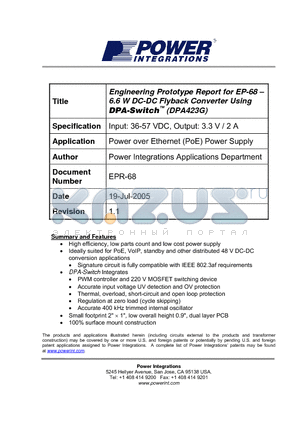 EPR-68 datasheet - Engineering Prototype Report for EP 68 - 6.6 W DC-DC Flyback Converter Using DPA-Switch- (DPA423G)