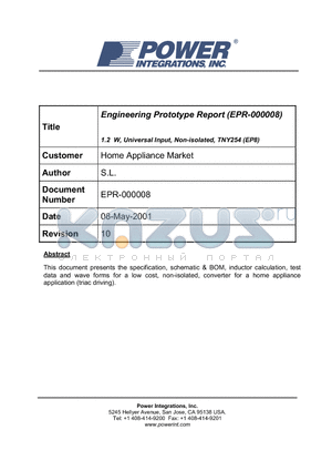 EPR-000008 datasheet - Engineering Prototype Report 1.2 W, Universal Input, Non-isolated, TNY254 (EP8)