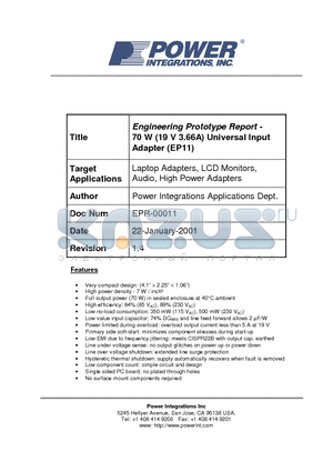 EPR-00011 datasheet - Engineering Prototype Report - 70 W (19 V 3.66A) Universal Input Adapter (EP11)