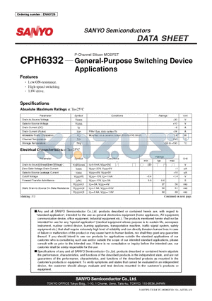 CPH6332 datasheet - P-Channel Silicon MOSFET General-Purpose Switching Device